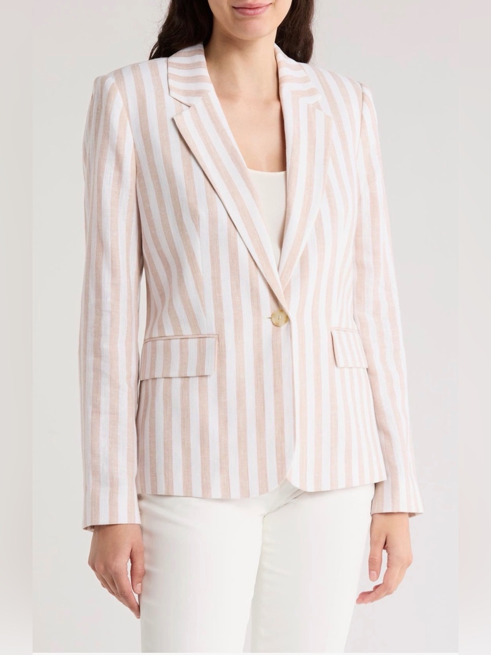 Elie TahariThe Helena Striped Blazer Jacket Size 12 White Nude Beige